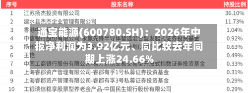 通宝能源(600780.SH):2026年中报净利润为3.92亿元、同比较去年同期上涨24.66%