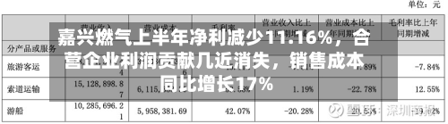 嘉兴燃气上半年净利减少11.16%,合营企业利润贡献几近消失,销售成本同比增长17%